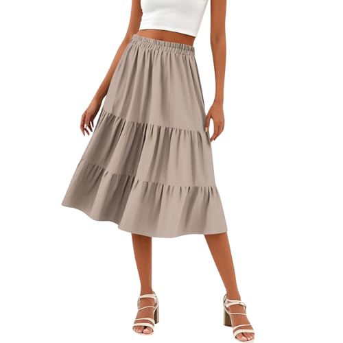 Rock Damen Sommer Midi Rüschen Röcke Damen Sommer Lang Elastischer A Linie Sommerrock Leicht und Luftig Skirt Elegant Plissee Langer Rock Frauen Volant Midirock Casual Skirts for Women von ZRYAZQ