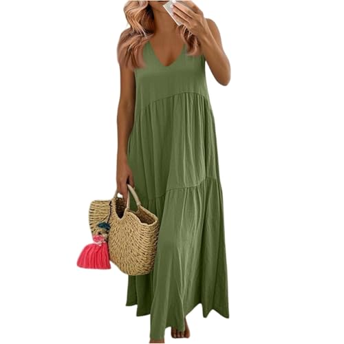 Sommer Kleid Damen Lang A Linie Ärmellos Sommerkleid Damen Maxi V Ausschnitt Baumwolle Leinen Maxikleider Sommer Elegant Große Größen Sommerkleider Leicht Und Luftig Kleider Sommer Plissee von ZRYAZQ