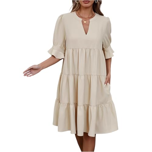 Sommer Kleider Damen Knielang Halbarm A Linie Sommerkleid Damen Leicht Rüschen V Ausschnitt Sommerkleider Leicht Und Luftig Elegant Volant Kleid Sommer mit Taschen Knielanges Strandkleid Locker von ZRYAZQ