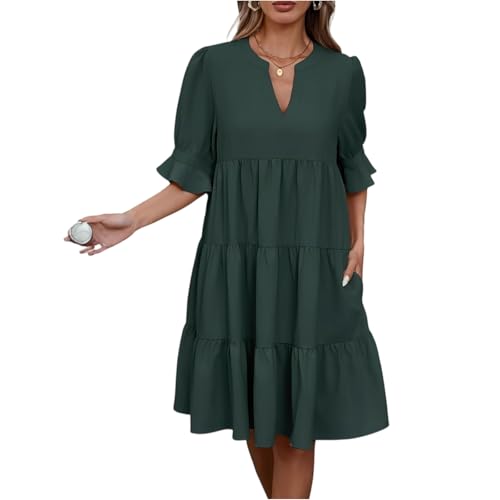 Sommer Kleider Damen Knielang Halbarm A Linie Sommerkleid Damen Leicht Rüschen V Ausschnitt Sommerkleider Leicht Und Luftig Elegant Volant Kleid Sommer mit Taschen Knielanges Strandkleid Locker von ZRYAZQ
