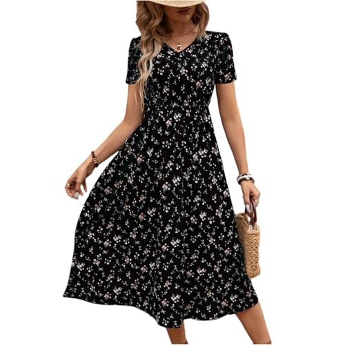 Sommerkleid A Linie Damen Lang Blumen Italienische Kleider Damen Sommer Midi V Ausschnitt Kleid Sommer Elegant Hohe Taille Sommerkleider Leicht Und Luftig Geblümte Midikleid Kurzarm Blumenkleid von ZRYAZQ