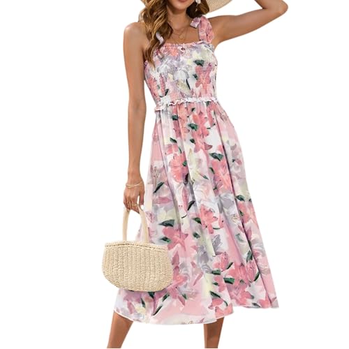 Sommerkleid Damen Blumen Midi Elegant Trägerkleid Damen Sommer Lang A Linie Sommerkleider Leicht Und Luftig Midikleid Frauen Floral Schnürung Italienische Kleider Sommer Ärmellos Skaterkleid von ZRYAZQ