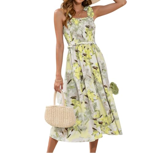 Sommerkleid Damen Blumen Midi Elegant Trägerkleid Damen Sommer Lang A Linie Sommerkleider Leicht Und Luftig Midikleid Frauen Floral Schnürung Italienische Kleider Sommer Ärmellos Skaterkleid von ZRYAZQ