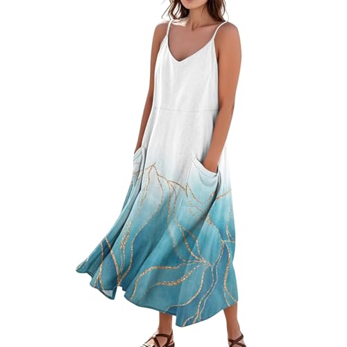 Sommerkleid Damen Boho Lang A Linie Trägerkleid Damen Sommer Maxi Blumen V Ausschnitt Sommerkleider Leicht Und Luftig Strandkleid Lang Baumwolle Leinen Kleider Spaghettiträger mit Taschen von ZRYAZQ