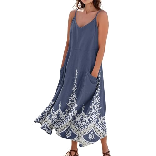 Sommerkleid Damen Boho Lang A Linie Trägerkleid Damen Sommer Maxi Blumen V Ausschnitt Sommerkleider Leicht Und Luftig Strandkleid Lang Baumwolle Leinen Kleider Spaghettiträger mit Taschen von ZRYAZQ