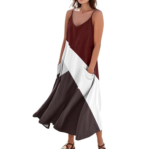 Sommerkleid Damen Boho Lang A Linie Trägerkleid Damen Sommer Maxi Blumen V Ausschnitt Sommerkleider Leicht Und Luftig Strandkleid Lang Baumwolle Leinen Kleider Spaghettiträger mit Taschen von ZRYAZQ