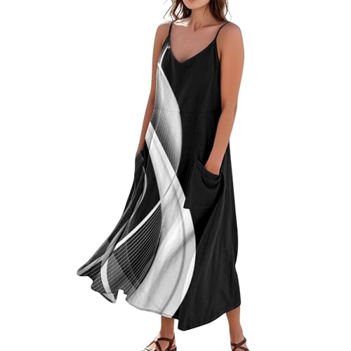 Sommerkleid Damen Boho Lang A Linie Trägerkleid Damen Sommer Maxi Blumen V Ausschnitt Sommerkleider Leicht Und Luftig Strandkleid Lang Baumwolle Leinen Kleider Spaghettiträger mit Taschen von ZRYAZQ