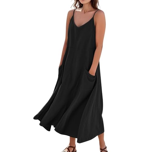 Sommerkleid Damen Boho Lang A Linie Trägerkleid Damen Sommer Maxi Blumen V Ausschnitt Sommerkleider Leicht Und Luftig Strandkleid Lang Baumwolle Leinen Kleider Spaghettiträger mit Taschen von ZRYAZQ