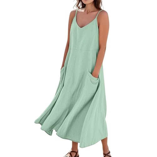 Sommerkleid Damen Boho Lang A Linie Trägerkleid Damen Sommer Maxi Blumen V Ausschnitt Sommerkleider Leicht Und Luftig Strandkleid Lang Baumwolle Leinen Kleider Spaghettiträger mit Taschen von ZRYAZQ
