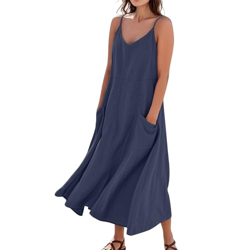 Sommerkleid Damen Boho Lang A Linie Trägerkleid Damen Sommer Maxi Blumen V Ausschnitt Sommerkleider Leicht Und Luftig Strandkleid Lang Baumwolle Leinen Kleider Spaghettiträger mit Taschen von ZRYAZQ