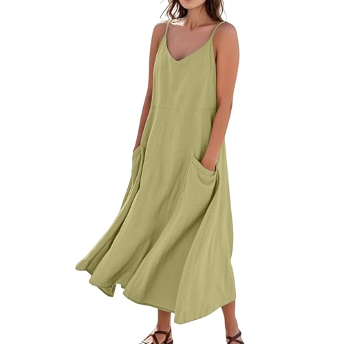 Sommerkleid Damen Boho Lang A Linie Trägerkleid Damen Sommer Maxi Blumen V Ausschnitt Sommerkleider Leicht Und Luftig Strandkleid Lang Baumwolle Leinen Kleider Spaghettiträger mit Taschen von ZRYAZQ