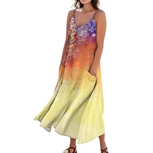 Sommerkleid Damen Boho Lang A Linie Trägerkleid Damen Sommer Maxi Blumen V Ausschnitt Sommerkleider Leicht Und Luftig Strandkleid Lang Baumwolle Leinen Kleider Spaghettiträger mit Taschen von ZRYAZQ