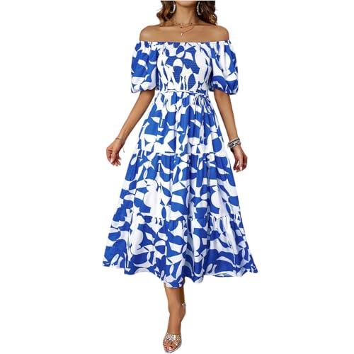 Sommerkleid Damen Elegant Blumen Lang Rüschen Kleider Damen Sommer Maxi A Linie Schwingen Maxikleid Schulterfrei Korsett mit Gürtel Sommerkleider Leicht und Luftig Kleid Puffärmel Skaterkleid von ZRYAZQ