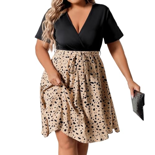 Sommerkleid Damen Große Größen Lang Punkte Kleider Damen Sommer Midi A Linie V Ausschnitt Sommerkleider Leicht Und Luftig Elegant Midikleid Mollig Kurzarm Patchwork Gepunktet Kleid mit Gürtel von ZRYAZQ