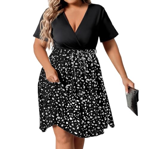 Sommerkleid Damen Große Größen Lang Punkte Kleider Damen Sommer Midi A Linie V Ausschnitt Sommerkleider Leicht Und Luftig Elegant Midikleid Mollig Kurzarm Patchwork Gepunktet Kleid mit Gürtel von ZRYAZQ