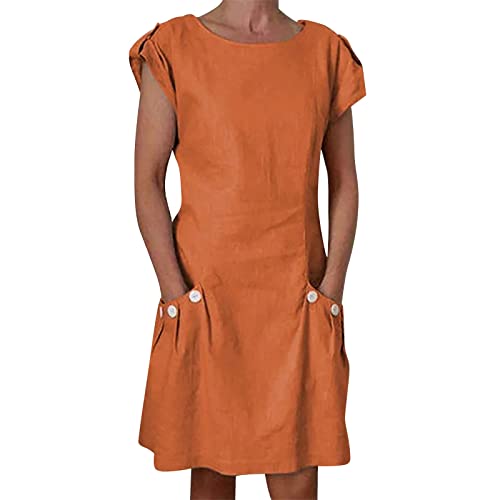 Sommerkleid Damen Knielang Baumwolle Leinen Kleider Damen Sommer Elegant A Linie Kurzarm Sommerkleider Leicht Und Luftig Kleid Frauen Sommer mit Taschen Knopfleiste Strandkleid Luftig Rundhals von ZRYAZQ