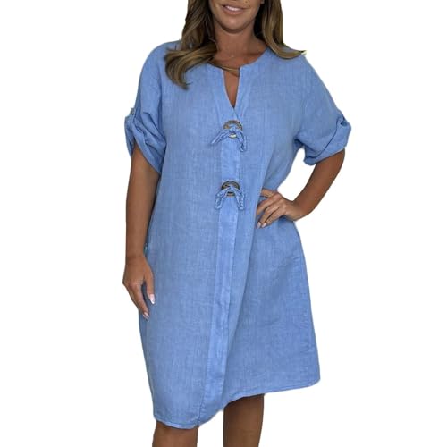Sommerkleid Damen Knielang Elegant A Linie Sommerkleider Damen Leicht Und Luftig Leinenkleid Sommer V Ausschnitt Halbarm Baumwolle Leinen Kleider Frauen Große Größen mit Taschen Kleid Casual von ZRYAZQ