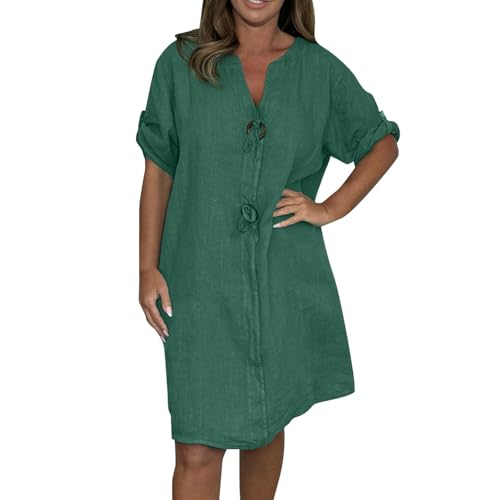 Sommerkleid Damen Knielang Elegant A Linie Sommerkleider Damen Leicht Und Luftig Leinenkleid Sommer V Ausschnitt Halbarm Baumwolle Leinen Kleider Frauen Große Größen mit Taschen Kleid Casual von ZRYAZQ