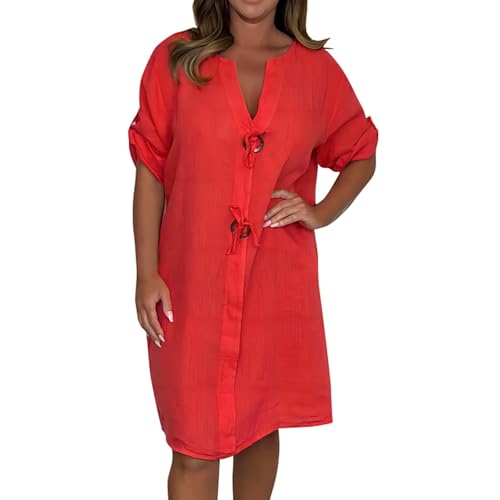 Sommerkleid Damen Knielang Elegant A Linie Sommerkleider Damen Leicht Und Luftig Leinenkleid Sommer V Ausschnitt Halbarm Baumwolle Leinen Kleider Frauen Große Größen mit Taschen Kleid Casual von ZRYAZQ