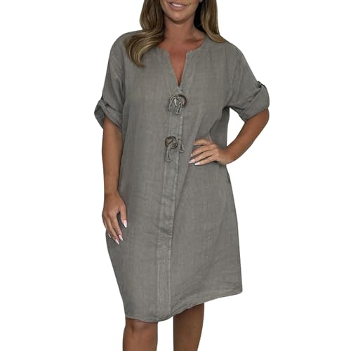 Sommerkleid Damen Knielang Elegant A Linie Sommerkleider Damen Leicht Und Luftig Leinenkleid Sommer V Ausschnitt Halbarm Baumwolle Leinen Kleider Frauen Große Größen mit Taschen Kleid Casual von ZRYAZQ