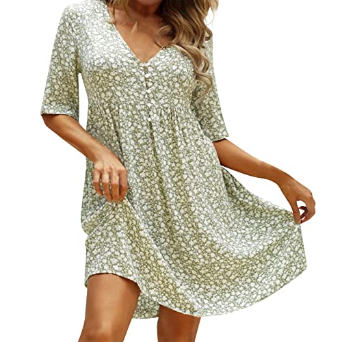Sommerkleid Damen Knielang Elegant Geblümt Musselin Kleid Damen Sommer Halbarm A Linie Italienische Kleider Blumen V Ausschnitt Sommerkleider Frauen Leicht Und Luftig Blumenkleid Boho Plissee von ZRYAZQ