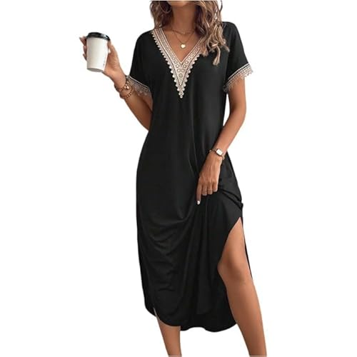 Sommerkleid Damen Lang Boho Ibiza Style Kleider Maxi Sommerkleider Damen Leicht Und Luftig Boho Maxikleid Sommer Elegant V Ausschnitt A Linie Kleid Frauen Sommer Kurzarm Strandkleid Luftig von ZRYAZQ