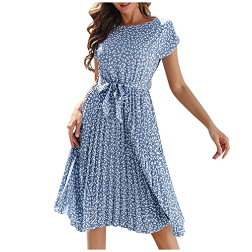 Sommerkleid Damen Lang Geblümt Plissee Kleider Damen Sommer Elegant Midi Blumen Schwingen Sommerkleider Leicht Und Luftig Kleid Frauen Sommer A Linie mit Gürtel Faltenkleid Kurzarm Midikleid von ZRYAZQ