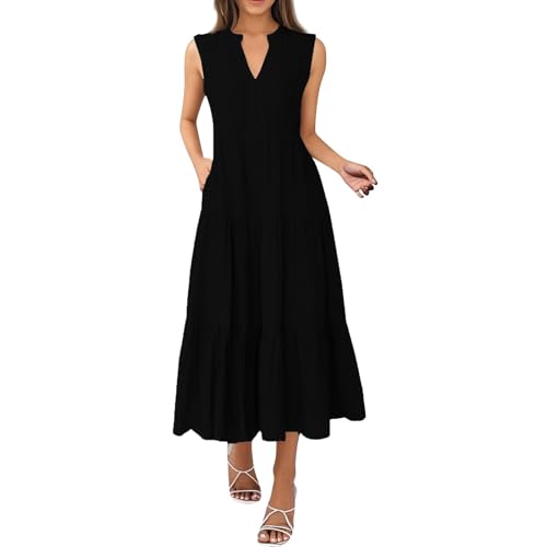 Sommerkleid Damen Lang V Ausschnitt Rüschen Maxikleid Damen Sommer Elegant Blumen Ärmellos Sommerkleider Leicht Und Luftig Maxi Kleider Frauen Sommer A Linie Plissee Volant Kleid mit Taschen von ZRYAZQ