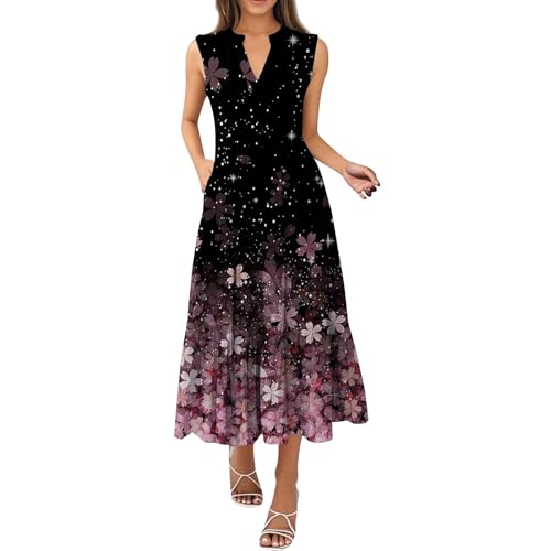 Sommerkleid Damen Lang V Ausschnitt Rüschen Maxikleid Damen Sommer Elegant Blumen Ärmellos Sommerkleider Leicht Und Luftig Maxi Kleider Frauen Sommer A Linie Plissee Volant Kleid mit Taschen von ZRYAZQ