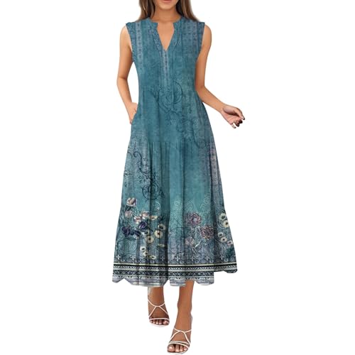 Sommerkleid Damen Lang V Ausschnitt Rüschen Maxikleid Damen Sommer Elegant Blumen Ärmellos Sommerkleider Leicht Und Luftig Maxi Kleider Frauen Sommer A Linie Plissee Volant Kleid mit Taschen von ZRYAZQ