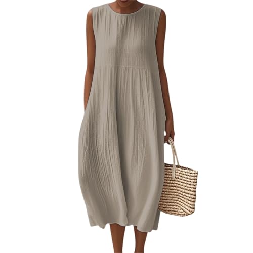 Sommerkleid Damen Leicht Ärmellos Lang Kleider Damen Sommer Midi A Linie Sommerkleider Leicht Und Luftig Kleid Einfarbig Elegant Midikleid Frauen Sommer mit Taschen Strandkleid Locker Rundhals von ZRYAZQ