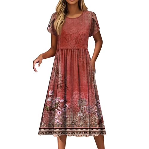 Sommerkleid Damen Leicht Lang Italienische Kleider Sommer Midi Elegant Blumen Boho Kleid Damen A Linie Plissee Sommerkleider Frauen Leicht Und Luftig Bohemian Damenkleider Kurzarm mit Taschen von ZRYAZQ
