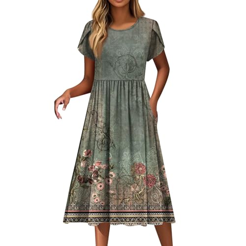 Sommerkleid Damen Leicht Lang Italienische Kleider Sommer Midi Elegant Blumen Boho Kleid Damen A Linie Plissee Sommerkleider Frauen Leicht Und Luftig Bohemian Damenkleider Kurzarm mit Taschen von ZRYAZQ