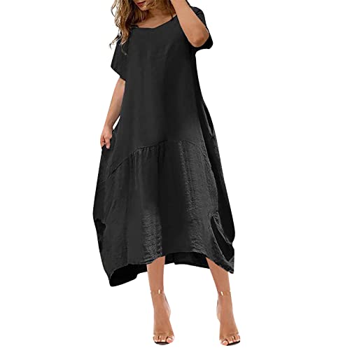 Sommerkleid Damen Leicht Lang Kurzarm Leinenkleid Damen Sommer Maxi Elegant A Linie Sommerkleider Leicht Luftig Baumwolle Leinen Kleider Plissee Große Größen Strandkleid mit Taschen Maxikleid von ZRYAZQ
