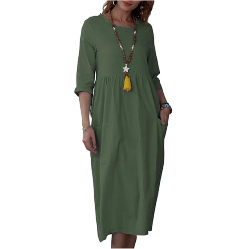 Sommerkleid Damen Midi 3/4 Ärmel Elegant Kleider Damen Sommer Lang Baumwolle Leinen Kleid Sommer A Linie Plissee Sommerkleider Leicht Und Luftig Midikleid Frauen Locker mit Taschen Strandkleid von ZRYAZQ