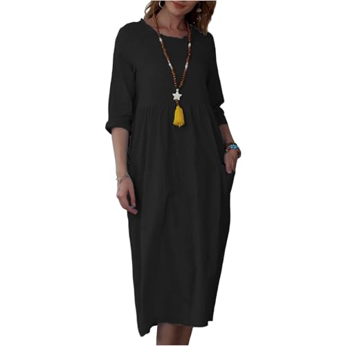 Sommerkleid Damen Midi 3/4 Ärmel Elegant Kleider Damen Sommer Lang Baumwolle Leinen Kleid Sommer A Linie Plissee Sommerkleider Leicht Und Luftig Midikleid Frauen Locker mit Taschen Strandkleid von ZRYAZQ