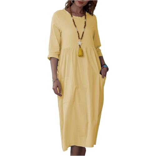 Sommerkleid Damen Midi 3/4 Ärmel Elegant Kleider Damen Sommer Lang Baumwolle Leinen Kleid Sommer A Linie Plissee Sommerkleider Leicht Und Luftig Midikleid Frauen Locker mit Taschen Strandkleid von ZRYAZQ