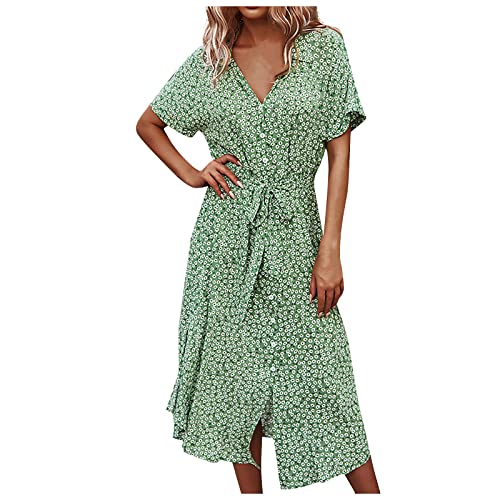 Sommerkleid Damen Midi A Linie Geblümt Italienische Kleider Damen Sommer Blumen Lang mit Knopfleiste Sommerkleider Leicht Und Luftig Kleid Frauen Elegant mit Gürtel Kragen Midikleid Kurzarm von ZRYAZQ