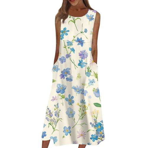 Sommerkleid Damen Midi Ärmellos Blumen Sommerkleider Damen Leicht Und Luftig Lang Italienische Kleider Sommer Elegant A Linie Midikleid Frauen Sommer Floral mit Taschen Strandkleid Luftig von ZRYAZQ