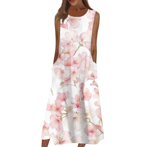 Sommerkleid Damen Midi Ärmellos Blumen Sommerkleider Damen Leicht Und Luftig Lang Italienische Kleider Sommer Elegant A Linie Midikleid Frauen Sommer Floral mit Taschen Strandkleid Luftig von ZRYAZQ