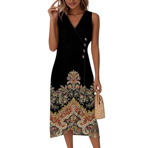 Sommerkleid Damen Midi Blumen Ärmellos Wickelkleid Damen Sommer Lang V Ausschnitt Midikleid Sommer Floral Boho Elegant Sommerkleider Leicht Und Luftig Kleider Sommer A Linie mit Knopfleiste von ZRYAZQ