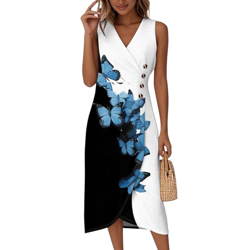 Sommerkleid Damen Midi Blumen Ärmellos Wickelkleid Damen Sommer Lang V Ausschnitt Midikleid Sommer Floral Boho Elegant Sommerkleider Leicht Und Luftig Kleider Sommer A Linie mit Knopfleiste von ZRYAZQ