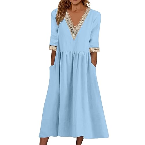 Sommerkleid Damen Midi Halbarm Baumwolle Boho Kleider Damen Sommer Lang V Ausschnitt Sommerkleider Leicht Und Luftig Elegant Bohemian Kleid Frauen Sommer A Linie mit Taschen Strandkleid Luftig von ZRYAZQ