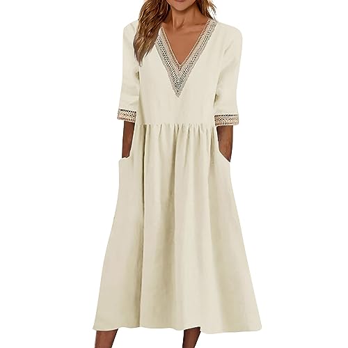 Sommerkleid Damen Midi Halbarm Baumwolle Boho Kleider Damen Sommer Lang V Ausschnitt Sommerkleider Leicht Und Luftig Elegant Bohemian Kleid Frauen Sommer A Linie mit Taschen Strandkleid Luftig von ZRYAZQ