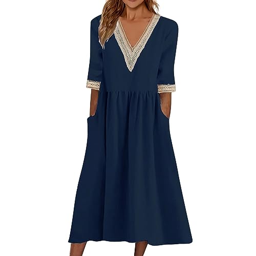 Sommerkleid Damen Midi Halbarm Baumwolle Boho Kleider Damen Sommer Lang V Ausschnitt Sommerkleider Leicht Und Luftig Elegant Bohemian Kleid Frauen Sommer A Linie mit Taschen Strandkleid Luftig von ZRYAZQ