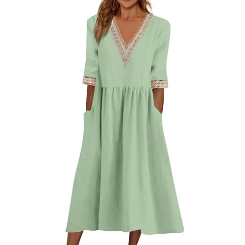 Sommerkleid Damen Midi Halbarm Baumwolle Boho Kleider Damen Sommer Lang V Ausschnitt Sommerkleider Leicht Und Luftig Elegant Bohemian Kleid Frauen Sommer A Linie mit Taschen Strandkleid Luftig von ZRYAZQ