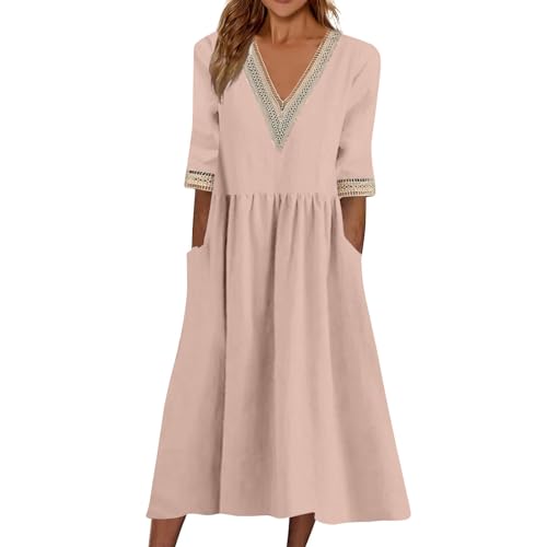 Sommerkleid Damen Midi Halbarm Baumwolle Boho Kleider Damen Sommer Lang V Ausschnitt Sommerkleider Leicht Und Luftig Elegant Bohemian Kleid Frauen Sommer A Linie mit Taschen Strandkleid Luftig von ZRYAZQ