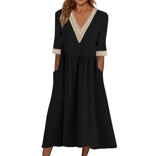 Sommerkleid Damen Midi Halbarm Baumwolle Boho Kleider Damen Sommer Lang V Ausschnitt Sommerkleider Leicht Und Luftig Elegant Bohemian Kleid Frauen Sommer A Linie mit Taschen Strandkleid Luftig von ZRYAZQ