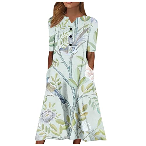 Sommerkleid Damen Midi V Ausschnitt A Linie Sommerkleider Damen Leicht und Luftig Lang Midikleid Sommer Blumen Elegant mit Knopfleiste Kleider Frauen Sommer Kurzarm mit Taschen Blumenkleid von ZRYAZQ