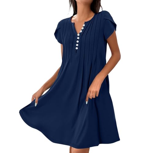 Sommerkleider Knielang Damen A Linie Plissee Sommerkleid Damen Leicht und Luftig Kleider Sommer V Ausschnitt mit Knopfleiste Elegant Kleid Frauen Sommer Kurzarm Freizeit Strandkleid Luftig von ZRYAZQ